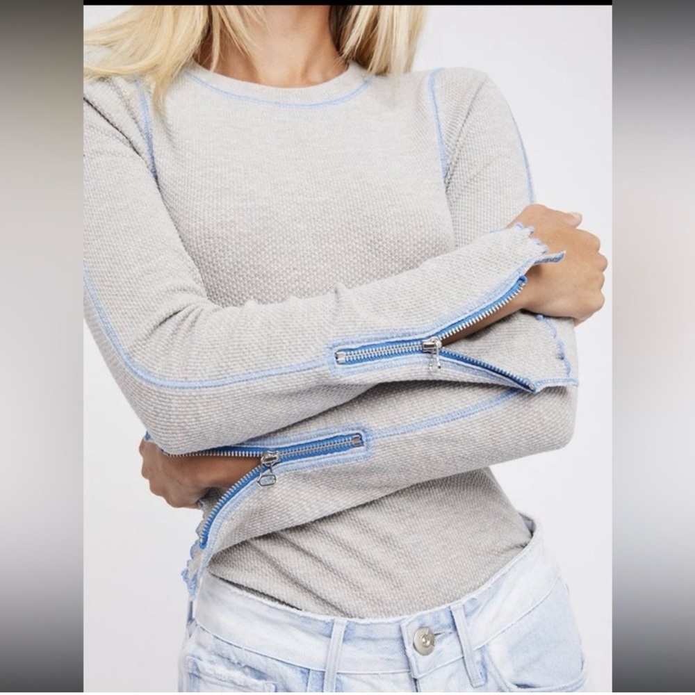 Free People Heather Gray Knit with Blue Trim